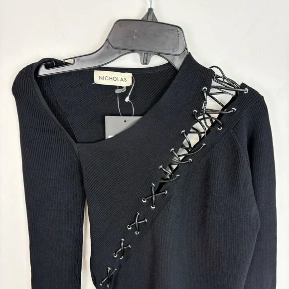 NICHOLAS Cosima Long Sleeve Ribbed Lace Up Top in Black Size S - Picture 3 of 11